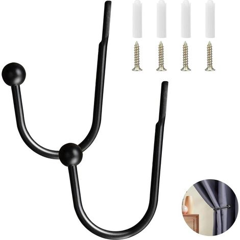 2 articles Embrasses à Rideaux Crochets,Embrasse pour Rideaux en Métal avec 4pcs Vis,Attache Rideau en Forme de U pour Voilage, Salon, Chambre, Bureau, Prolongé (Noir) (1/5)
