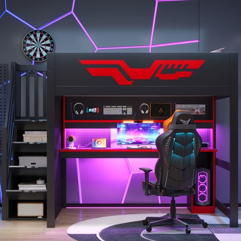 Lit mezzanine gaming 140x200 cm en bois noir avec bureau intégré, escalier de rangement 4 cases, LED 7 couleurs, port USB, étagère et garde-corps (1/5)