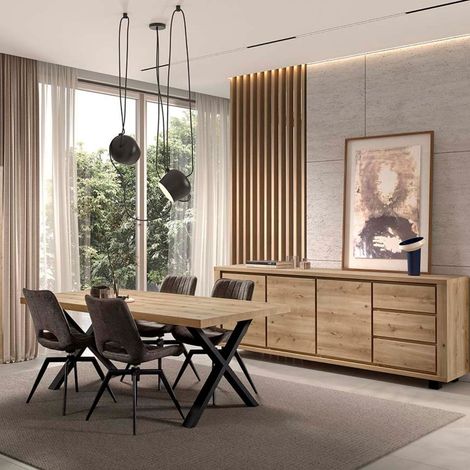 Ensemble séjour table repas 200cm piètement X + buffet aspect bois finition Hudson Oak - URIDSON