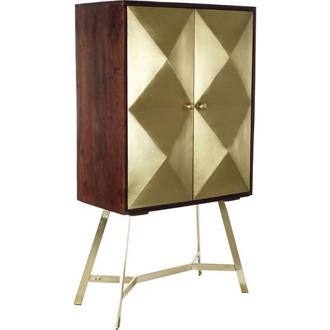 Buffet haut meuble de rangement en bois de manguier et acacia coloris marron foncé / doré - Longueur 84 x Hauteur 156,5 x Profondeur 43 cm -PEGANE- (1/4)