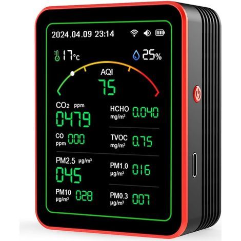 Moniteur de qualité de l’air intérieur, testeur de qualité de l’air intelligent 15en-1 avec PM, CO2, CO, TVOC, HCHO, PM, AQI, température et humidité, minuterie, affichage en temps réel, alimenté par (1/5)