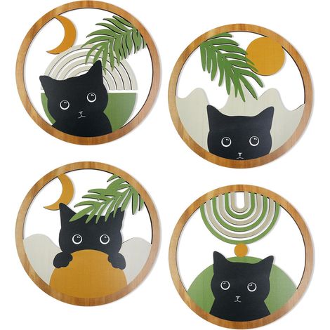 4 Pièces Décoration Murale Bohème en Bois 25cm Chat Noir – Art Mural Rond Minimaliste Style Rustique pour Salon et Chambre (1/5)