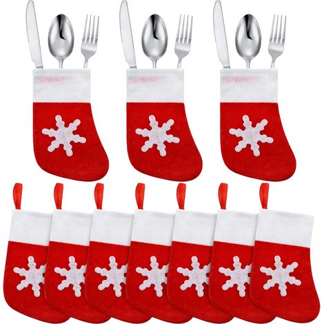 Lot de 20 mini porte-couverts en forme de chaussettes de Noël à motifs de flocons de neige, parfaits pour décorer votre table lors des fêtes de Noël. (1/5)