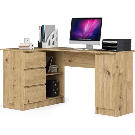 Escritorio esquinero AKORD B20 Roble Artisan 155 cm con lado izquierdo 1 puerta 3 cajones frente en color Roble Artisan 4 estantes 155x85x77 cm