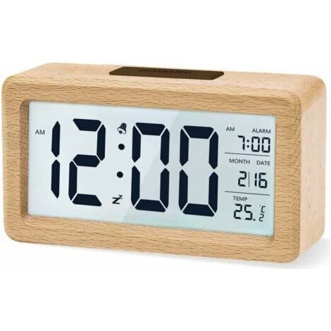 Digitaler Wecker – Nachttischwecker aus Holz mit großem, hintergrundbeleuchtetem LCD-Display – Temperaturanzeige – Schlummerfunktion – Lichtsensor – 3 AAA-Batterien (Batterien NICHT im Lieferumfang en (1/4)