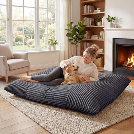 Canapé pouf convertible, lit d’appoint, rembourrage mousse, housse velours côtelé lavable, gris foncé (1/5)