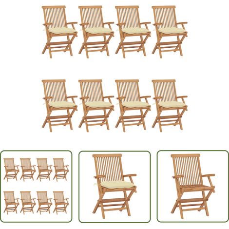 The Living Store Chaises de jardin et coussins blanc crème lot de 8 Teck massif - Chaise De Jardin - Mobilier De Jardin - Chaise En Bois - Set De Chaises - Terrasse (1/5)