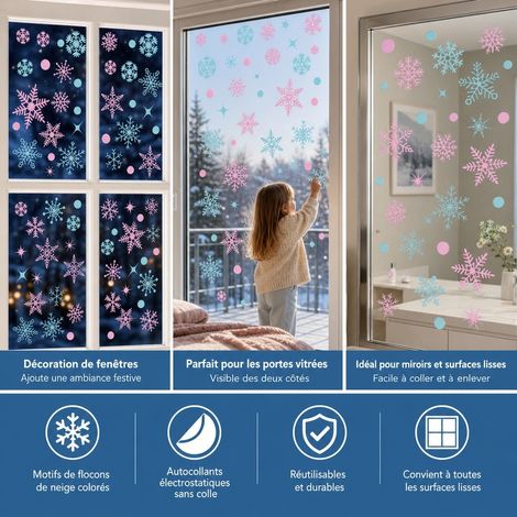 Lot de 4 Stickers Noel Flocons Colores PVC 20 x 30 cm Autoadhesifs pour Vitre et Frigo (1/4)