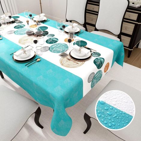 Nappe rectangulaire Bleu avec motif de cercles, 140x300cm, imperméable