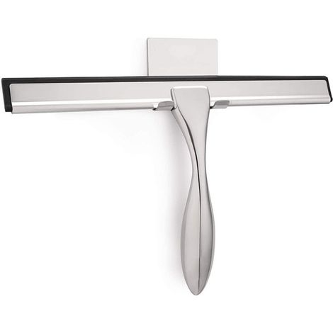 Grattoir à vitres en acier inoxydable argenté, 25,5 cm, avec large manche et crochet auto-adhésif. Idéal pour la douche, les miroirs, les fenêtres et les vitres de voiture. (1/5)