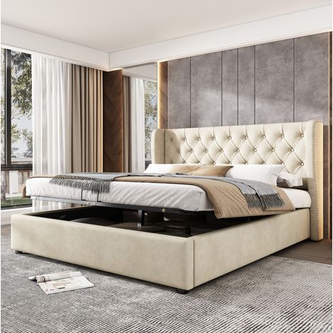 Letto matrimoniale contenitore in velluto beige DESVIAE (1/5)