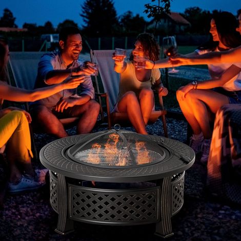 Brasero avec tisonnier - Protection contre les étincelles - Table à feu ronde - Pour jardin, camping, barbecue - Acier - Noir - 81 x 81 x 50 cm (1/5)