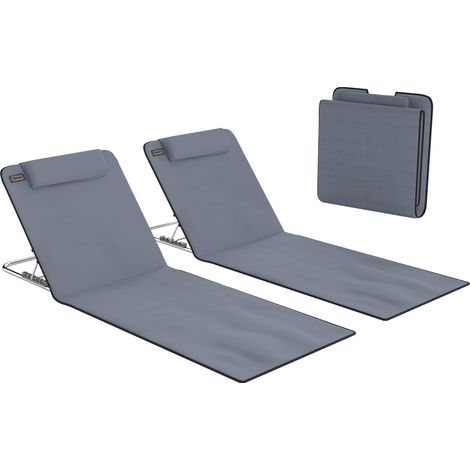Outsunny conjunto de 2 esterillas de playa plegables, esterillas con respaldo reclinable en 5 niveles, reposacabezas y bolsa de transporte, gris