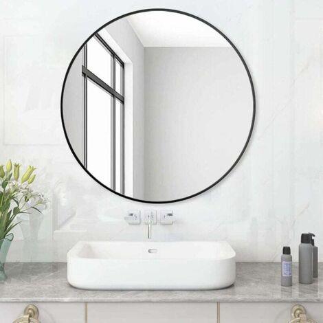 Miroir de salle de bain rond sans éclairage Noir 60 cm Miroir mural avec cadre en plastique noir Miroir rond décoratif bord (1/2)