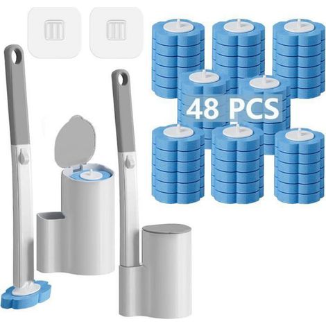 Brosse De Toilette Jetable - Manche ABS 39 Cm - 48 Têtes Parfumées Ocean - Lot De 2 Avec Supports Muraux (1/5)