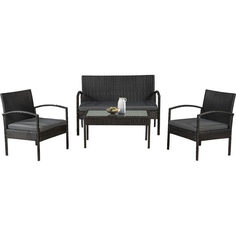 Juskys Polyrattan Gartenmöbel-Set Trinidad – Balkonmöbel-Set mit Tisch, Sofa & 2 Stühlen – Sitzgruppe für 4 Personen Schwarz mit Auflagen Dunkelgrau (1/7)