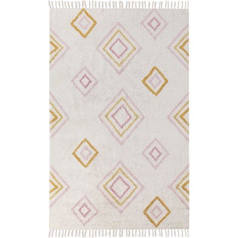Alfombra rectanguar moderna de algodón con formas geométricas en color blanco crema 140 x 200 cm Lashe (1/5)