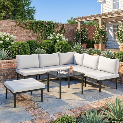 Conjunto de muebles de jardín tipo salón para 5-6 personas, que incluye un sofá de jardín de 2 plazas, 2 sillas, una silla de esquina, una mesa de listones y un reposapiés.