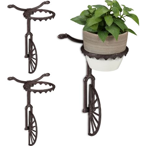 Relaxdays Set of 3 Unicycle Wall-Mount Flower Racks, Cast Iron, Outdoor Ornament, Weatherproof, Ø 13 cm, Dark Brown (1/5)