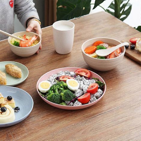 28 pièces de vaisselle Whea Sraw, assiette colorée, bol, tasse, couteau, fourchette, cuillère (1/4)
