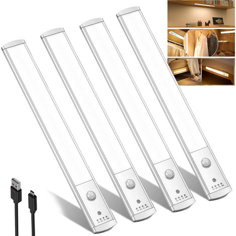 Lot de 4 lampes d'armoire à détecteur de mouvement, éclairage sous le comptoir par USB, rechargeables, veilleuses de cuisine, pour placard, 30 cm (1/5)
