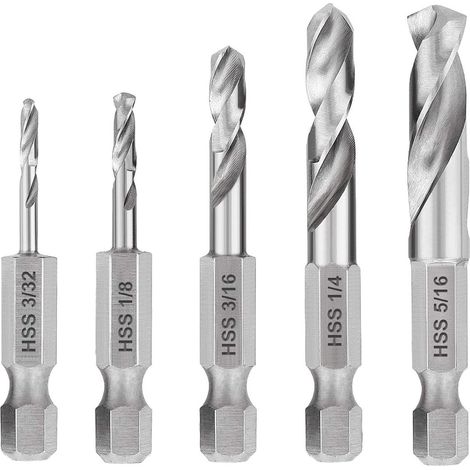 Lot de 5 forets courts HSS à changement rapide 1/4", tige hexagonale, M2,3/32, 1/8, 3/16, 1/4, 5/16", forets avec tige hexagonale, perceuse angulaire, jeu de forets HSS (1/5)