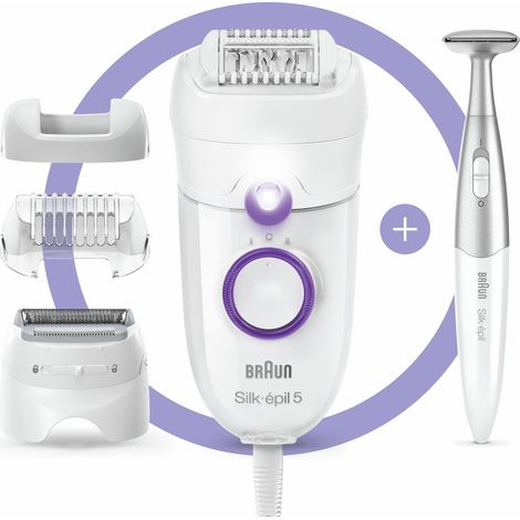 Braun Silk-Épil 5 Power Épilateur Électrique Femme, Blanc/Violet, Pour Débutantes Avec Fil Pour Une Puissance Non-Stop, Tête De Rasage, Tondeuse Et Bikini Styler, 5-825 (4210201388685) (1/5)