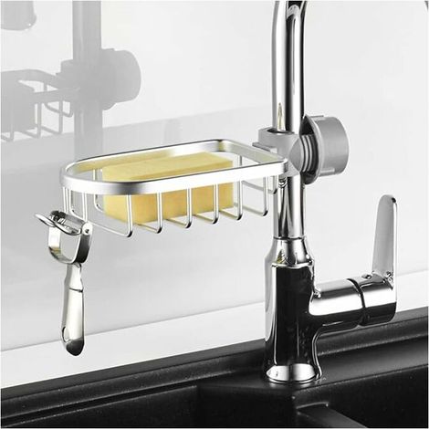 Kitchen Faucet Sponge Holder Sink Organizer Over The Faucet Hanging Faucet Drain Rack For Sink Organization (Silver-Normal) (1/5)