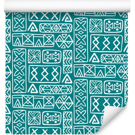 Carta da parati con motivo geometrico polinesiano turchese, 50x1000 cm (1/5)