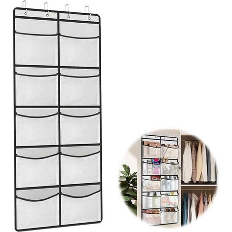 Rangement Suspendu, 10 Grandes Poches Etagere Suspendue avec 4 Crochets Métalliques, Rangement Mural pour Ranger Chaussettes,