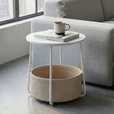 Petite Table Basse Ronde, pour Salon, Chambre, Style Moderne, avec Panier en Tissu, Blanc et Marron (1/5)
