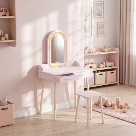 Coiffeuse enfant 60 cm 2-en-1 avec tabouret, miroir LED 3 couleurs, 2 tiroirs, MDF rose (1/5)
