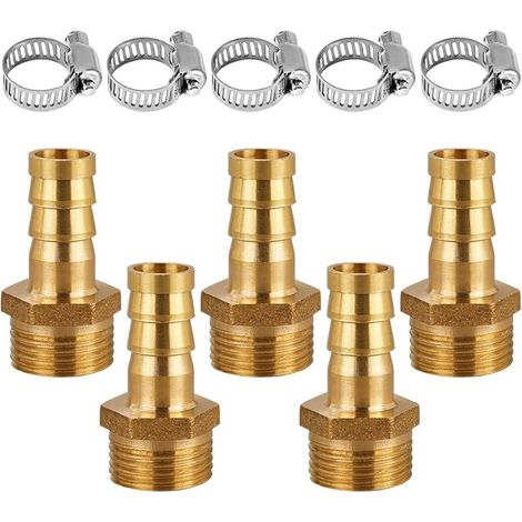 Lot de 5 raccords de tuyau en laiton de 10 mm x 1/4" filetage extérieur pour air, gaz, eau, carburant avec 5 colliers de serrage"