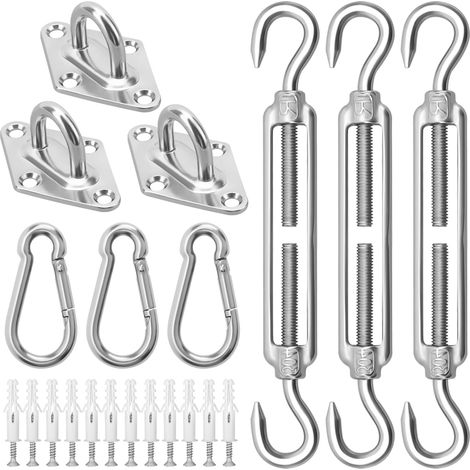 Kit de fixation pour voile d'ombrage \u2013 Matériel robuste en acier inoxydable M6 pour voiles d'ombrage triangulaires et carrées de jardin, comprend des crochets à ressort, des tendeurs, des support