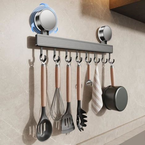 Barre À Crochets Cuisine - Ventouse Sans Perçage - Acier Inoxydable - 8 Crochets - 1 Pièce