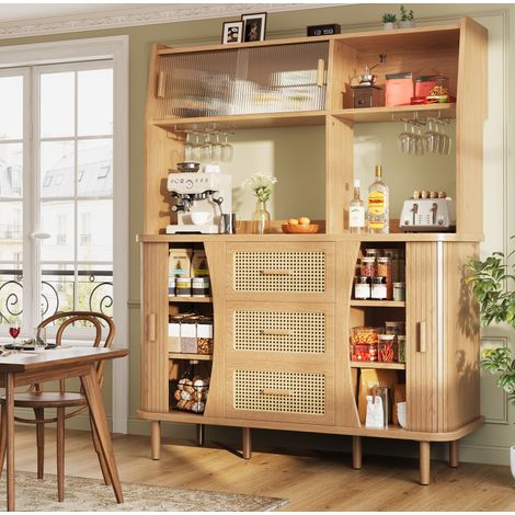 MEUBLIV Credenza da cucina 140 x 40,5 x 174,5 cm effetto legno con ante scorrevoli in vetro (1/5)