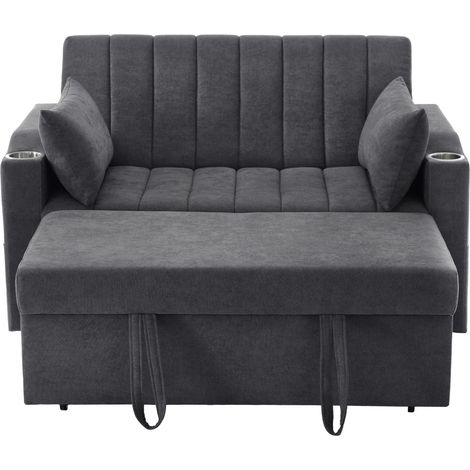 Canapé convertible multifonctions 2 places en tissu coton avec porte-gobelets et coussins, dossier réglable (1/5)