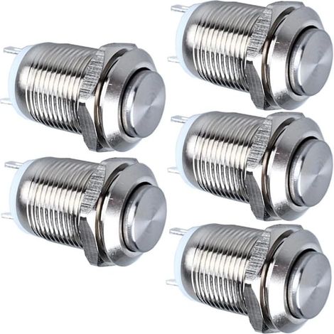 Lot de 5 Boutons Poussoirs Momentanés en Métal Etanche SPST sans Bouton Momentané 2A 12V/24V/125V/250V 12mm (Tête Haute) (1/5)