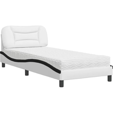 Lit simple  Lit adulte  Lit avec matelas Hvar blanc et noir 90x190 cm similicuir
