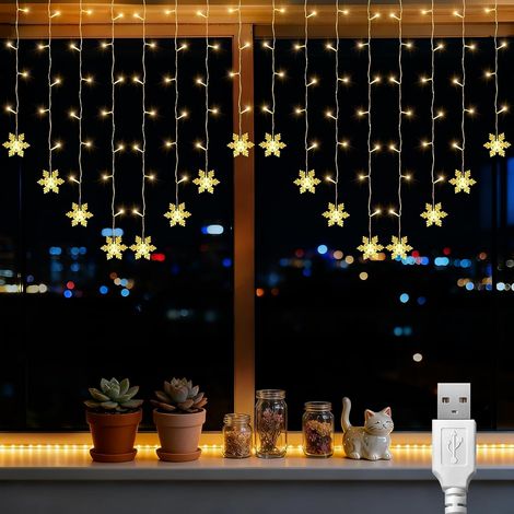 Rideau Guirlande Lumineuse LED 1x1m 100 LEDs Câble DExtension 3m Alimentation USB Câble Transparent Blanc Chaud Intérieur Et Extérieur Pour Noël Chambre Fête Mariage Balcon Décoration De Jardin (1/5)