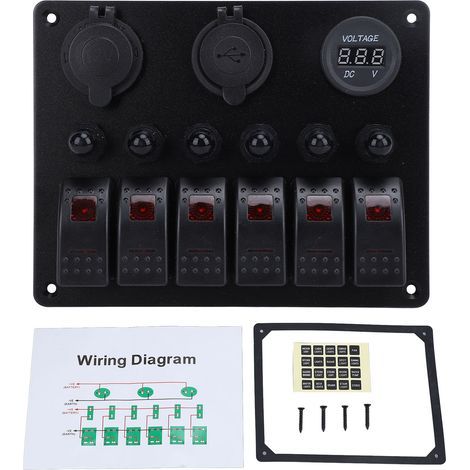 Panneau d'interrupteur à bascule DC 12-24 V 6 gangs, protection contre les surcharges, double chargeur USB avec affichage du voltmètre numérique pour bateaux, yachts, voitures, camping-cars, SUV, lumi (1/5)