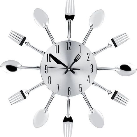 Horloge en acier inoxydable et fourchette cuillère Horloge murale Cuisine Décoration Argent Mothinseeto (1/4)