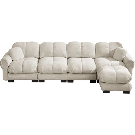 Divano angolare modulare a L 4 posti in tessuto chenille con pouf mobile, beige chiaro (1/5)