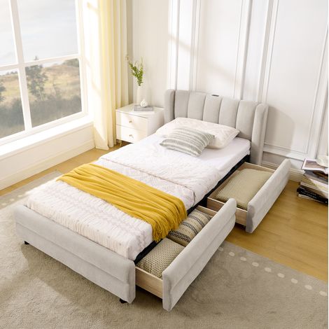 Lit simple chenille beige 90x200 cm avec 2 rangements latéraux et ports USB/Type-C intégrés (1/5)