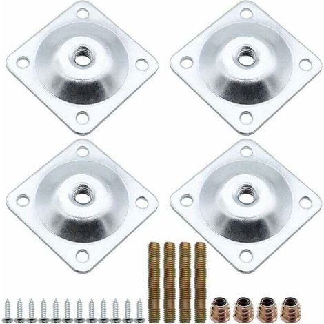 Lot de 4 Plaques de Montage de Pieds de Meubles Metal Carré Plaques de Fixation avec Boulons de Suspension et Vis Adaptateurs Fourniture pour Table Fauteuil Jambes de Canapé Sièges - Argent (1/4)