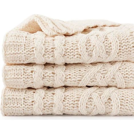 Couverture de jet de crème de 130x170cm pour la chaise de canapélit de canapé, couverture en tricot crème, jet de canapé blanc décoratif chaud et confortable doux, couverture de lit (1/5)
