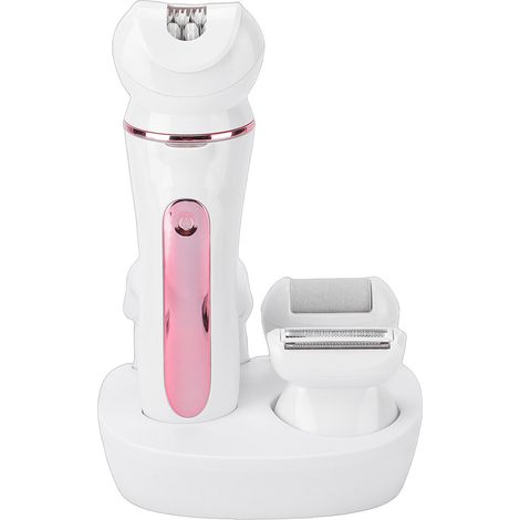 Épilateur 5 en 1 avec masseur facial, brosse de nettoyage et brosse de pédicure pour femmes, utilisable sur peau sèche ou humide. Rose clair. (1/5)