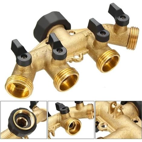 Raccord en laiton NPT 3/4'' à 4 voies pour robinet, tuyau d'arrosage, jardin et pelouse. (1/4)