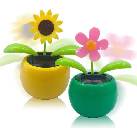 Lot de 2 tournesols solaires dansants, fleurs solaires en plastique, tête oscillante, décorations de voiture, jouet pour voiture ou bureau. (1/3)