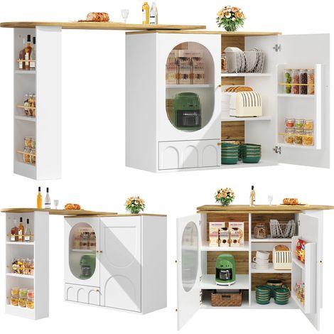Um 360° drehbarer Bartisch, Stehtisch (Korpus 138 x 39 x 102 cm), Kaffeebarmöbel, drehbare Esstheke mit Stauraum, Kücheninsel, drei Türen mit Türregalen,herausnehmbare Trennwände, weiß / schwarz